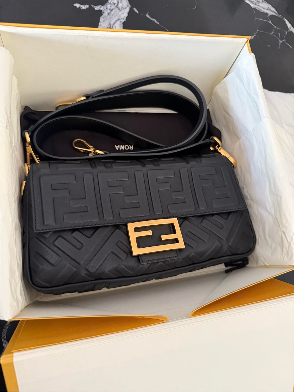 Fendi Black Embossed FF Crossbody with Gold-Tone Clasp